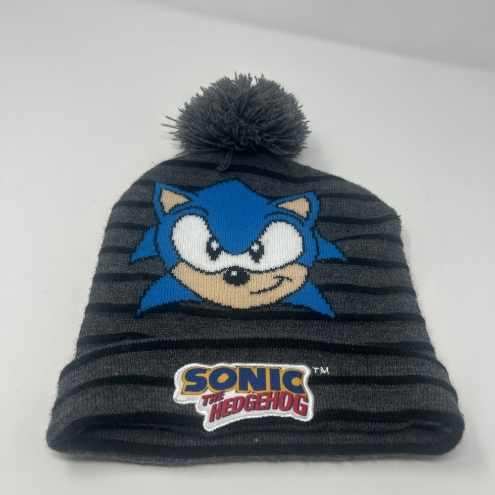 Sonic The Hedgehog Youth Boys Winter Beanie Hat Pom Sega Gray EUC